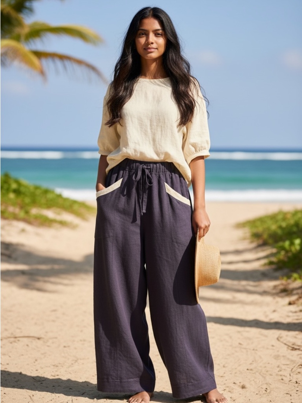 Free People Beach Wide-Leg Drawstring Pants in Navy Blue with Cream Trim